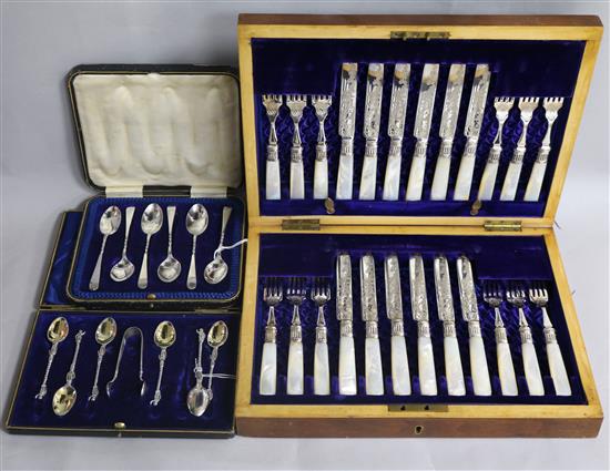 Two cased sets tea spoons and cased EPNS dessert knives and forks